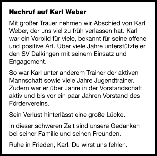 Traueranzeige von Karl Weber von Schwäbische Post