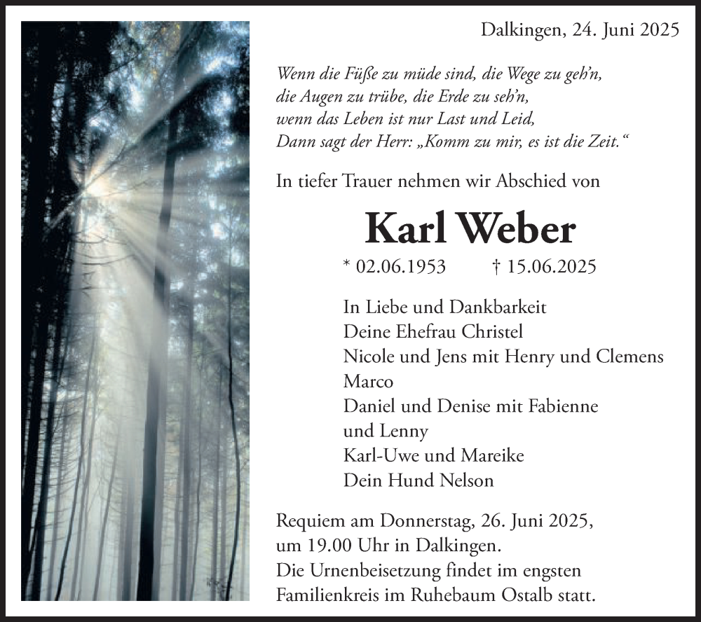  Traueranzeige für Karl Weber vom 24.06.2025 aus Schwäbische Post