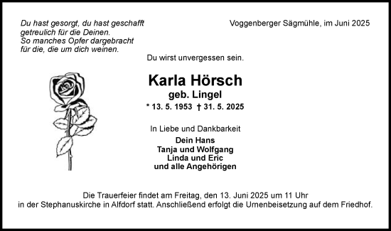 Traueranzeige von Karla Hörsch von Gmünder Tagespost