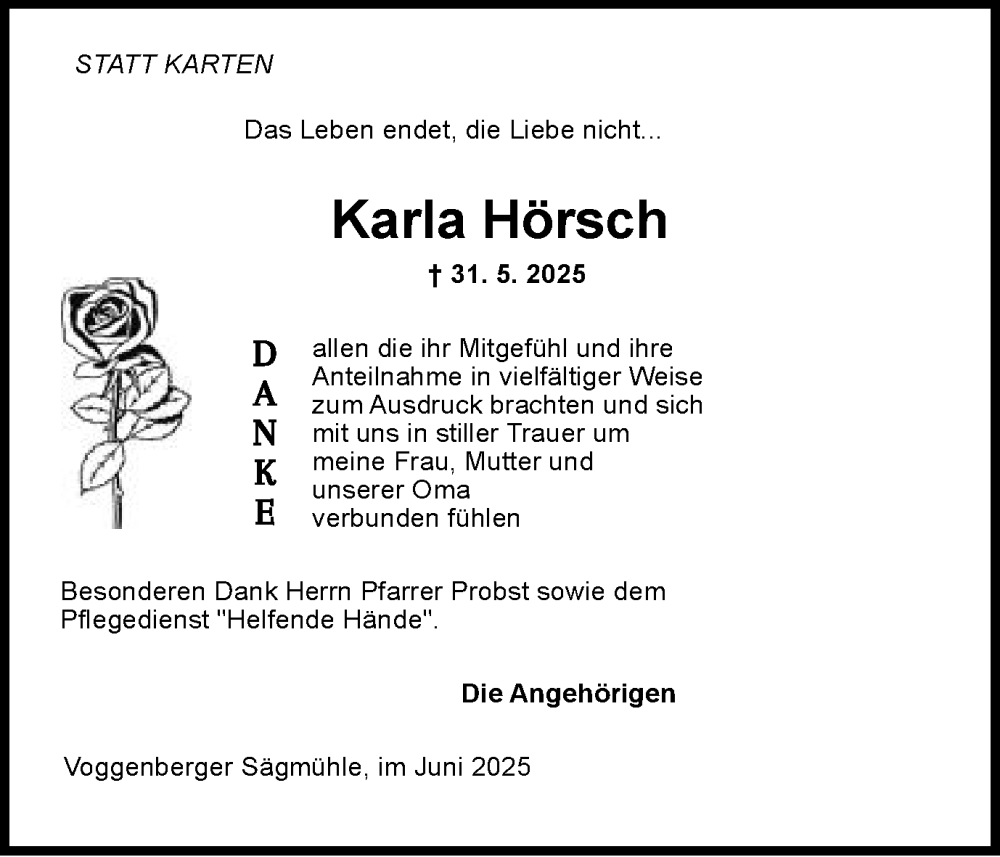 Traueranzeige für Karla Hörsch vom 21.06.2025 aus Gmünder Tagespost