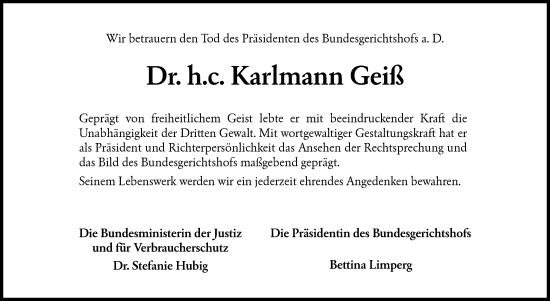 Traueranzeige von Karlmann Geiß von Schwäbische Post