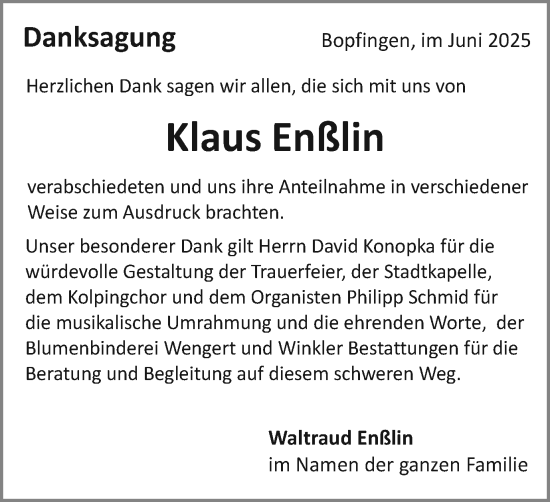 Traueranzeige von Klaus Enßlin von Schwäbische Post