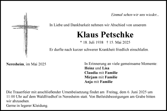 Traueranzeige von Klaus Petschke von Schwäbische Post
