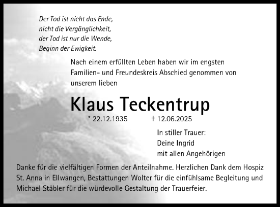 Traueranzeige von Klaus Teckentrup von Schwäbische Post