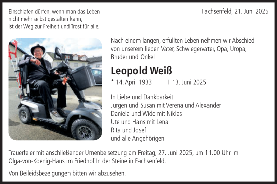 Traueranzeige von Leopold Weiß von Schwäbische Post