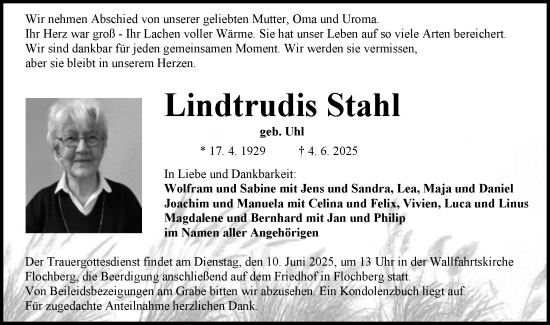 Traueranzeige von Lindtrudis Stahl von Schwäbische Post