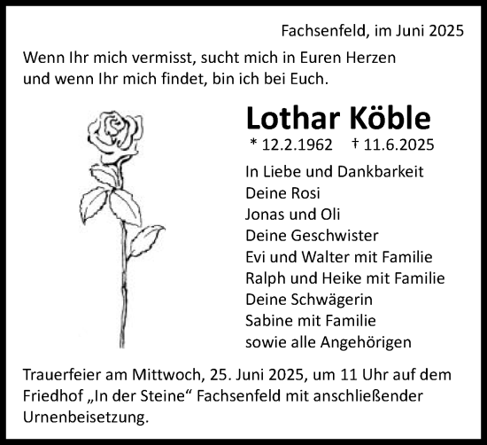 Traueranzeige von Lothar Köble von Schwäbische Post