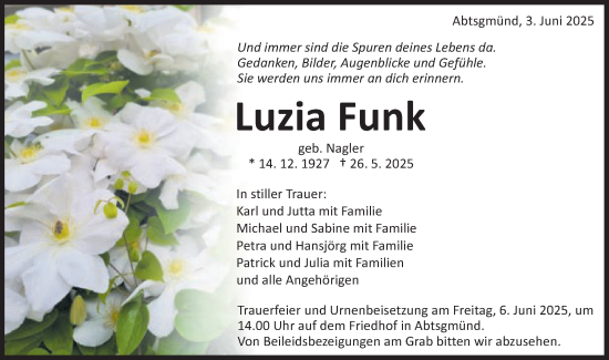 Traueranzeige von Luzia Funk von Schwäbische Post