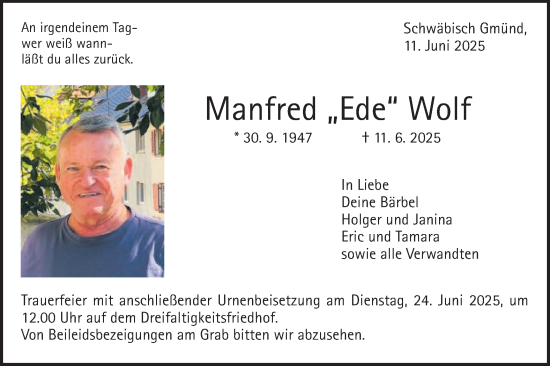 Traueranzeige von Manfred Wolf von Gmünder Tagespost