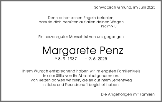 Traueranzeige von Margarete Penz von Gmünder Tagespost