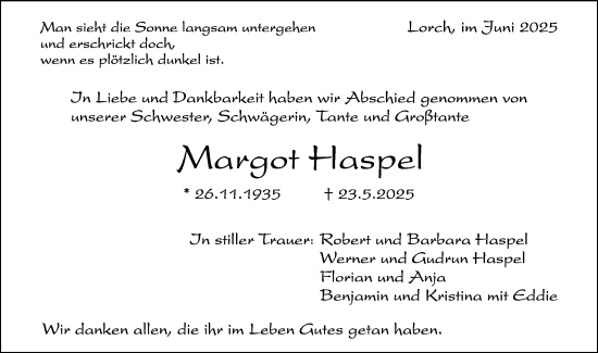 Traueranzeige von Margot Haspel von Gmünder Tagespost