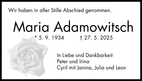 Traueranzeige von Maria Adamowitsch von Gmünder Tagespost