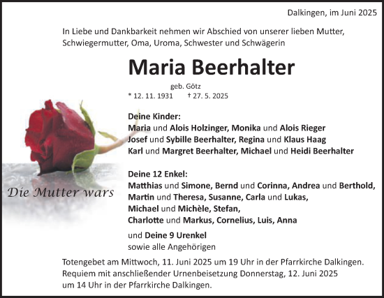 Traueranzeige von Maria Beerhalter von Schwäbische Post