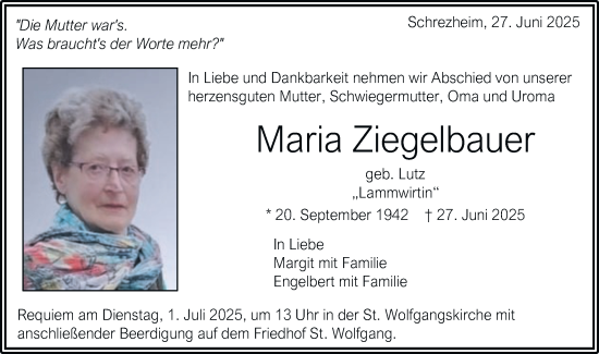 Traueranzeige von Maria Ziegelbauer von Schwäbische Post