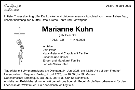 Traueranzeige von Marianne Kuhn von Schwäbische Post