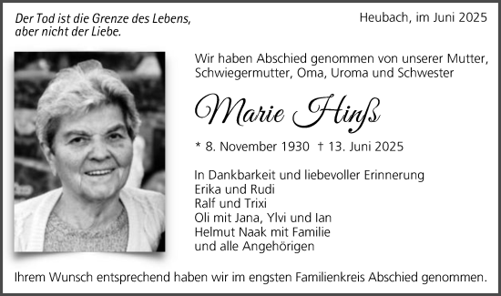 Traueranzeige von Marie Hinß von Gmünder Tagespost