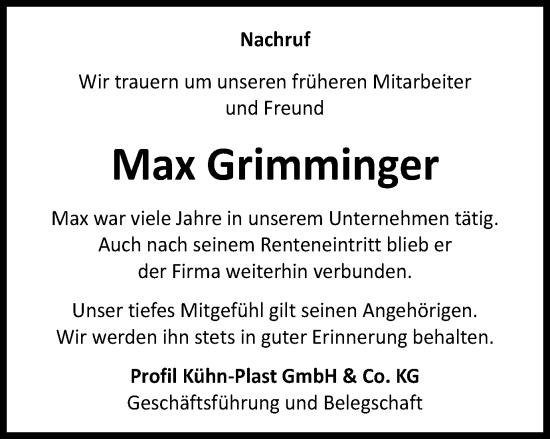 Traueranzeige von Max Grimminger von Gmünder Tagespost