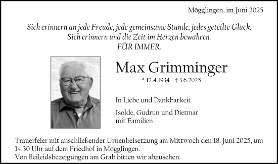 Traueranzeige von Max Grimminger von Gmünder Tagespost