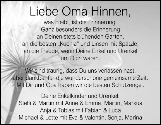 Traueranzeige von Oma Hinnen  von Schwäbische Post