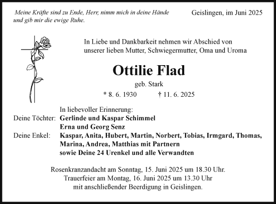 Traueranzeige von Ottilie Flad von Schwäbische Post