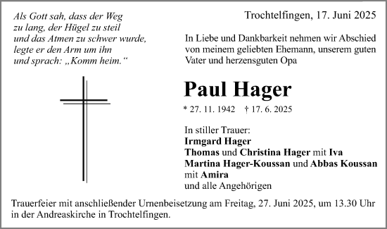 Traueranzeige von Paul Hager von Schwäbische Post