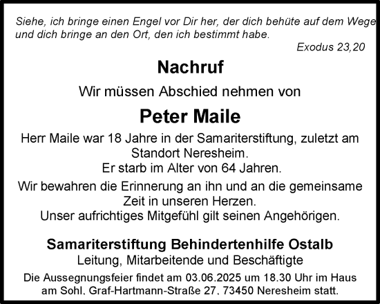 Traueranzeige von Peter Maile von Schwäbische Post