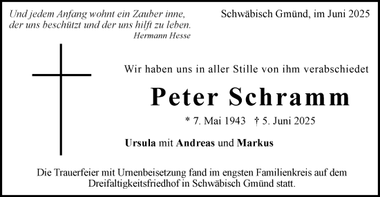 Traueranzeige von Peter Schramm von Gmünder Tagespost