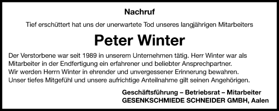 Traueranzeige von Peter Winter von Schwäbische Post