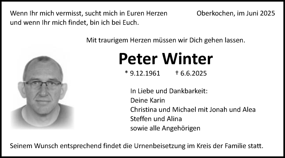  Traueranzeige für Peter Winter vom 12.06.2025 aus Schwäbische Post