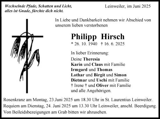 Traueranzeige von Philipp Hirsch von Gmünder Tagespost