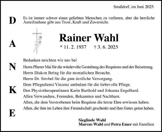 Traueranzeige von Rainer Wahl von Gmünder Tagespost