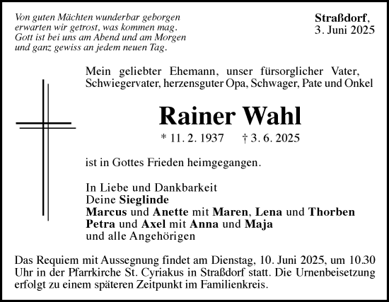 Traueranzeige von Rainer Wahl von Gmünder Tagespost