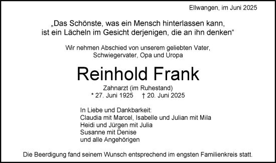 Traueranzeige von Reinhold Frank von Schwäbische Post