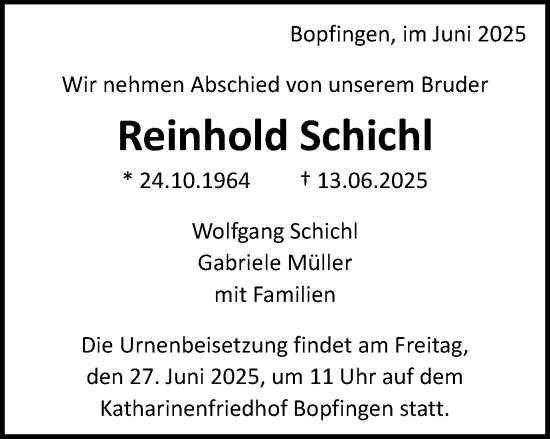 Traueranzeige von Reinhold Schichl von Schwäbische Post