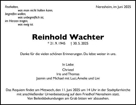 Traueranzeige von Reinhold Wachter von Schwäbische Post