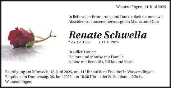Traueranzeige von Renate Schwella von Schwäbische Post