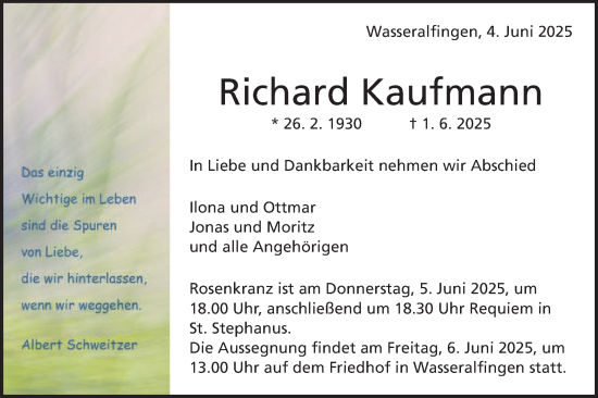 Traueranzeige von Richard Kaufmann von Schwäbische Post