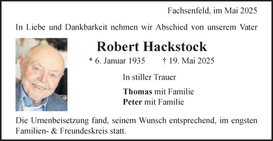 Traueranzeige von Robert Hackstock von Schwäbische Post