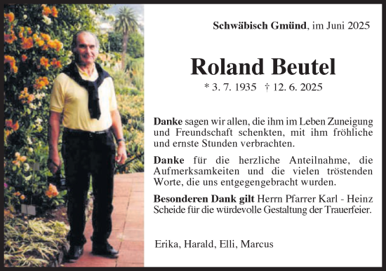 Traueranzeige von Roland Beutel von Gmünder Tagespost