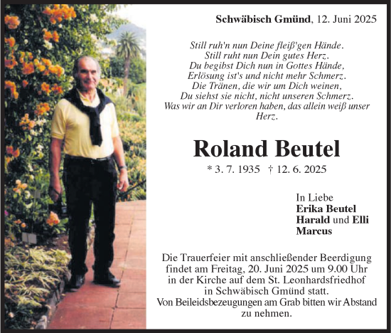 Traueranzeige von Roland Beutel von Gmünder Tagespost