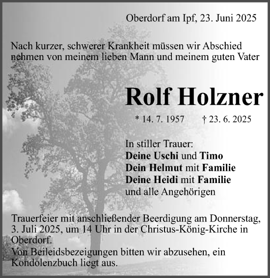 Traueranzeige von Rolf Holzner von Schwäbische Post