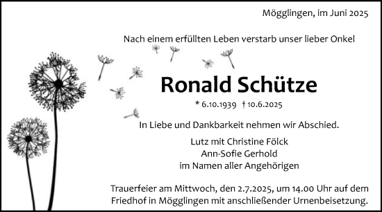 Traueranzeige von Ronald Schütze von Gmünder Tagespost