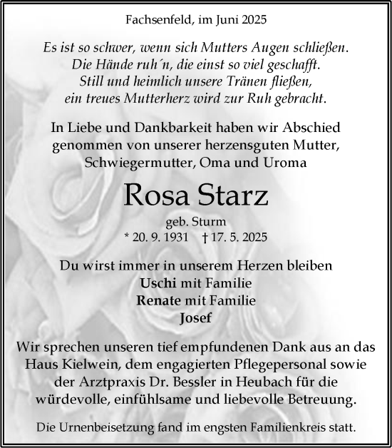 Traueranzeige von Rosa Starz von Schwäbische Post