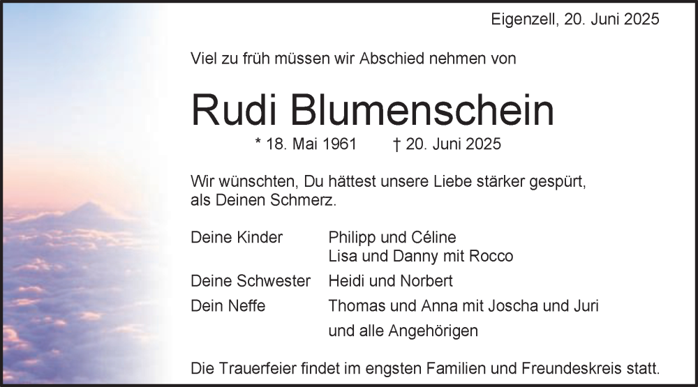 Traueranzeige für Rudi Blumenschein vom 25.06.2025 aus Schwäbische Post