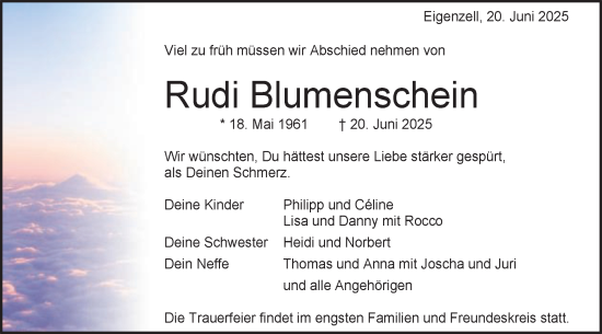 Traueranzeige von Rudi Blumenschein von Schwäbische Post