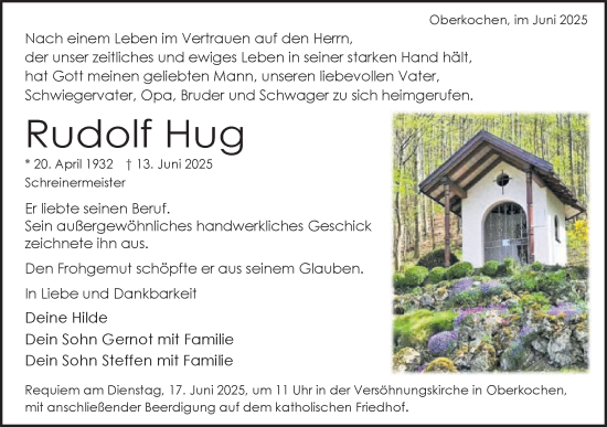 Traueranzeige von Rudolf Hug von Schwäbische Post