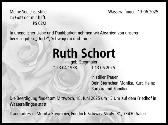 Traueranzeige von Ruth Schort von Schwäbische Post
