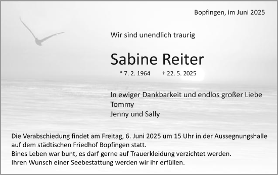Traueranzeige von Sabine Reiter von Schwäbische Post