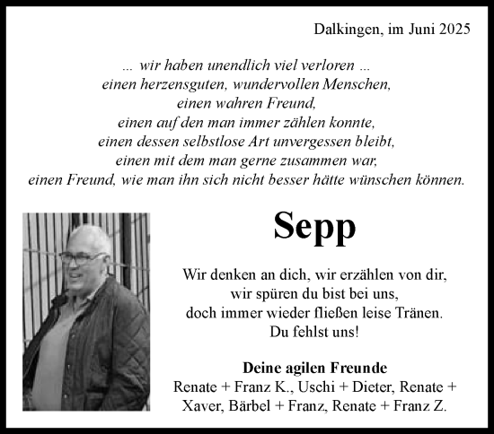 Traueranzeige von Sepp  von Schwäbische Post