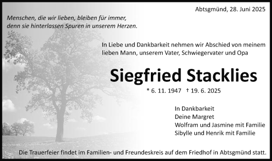 Traueranzeige von Siegfried Stacklies von Schwäbische Post